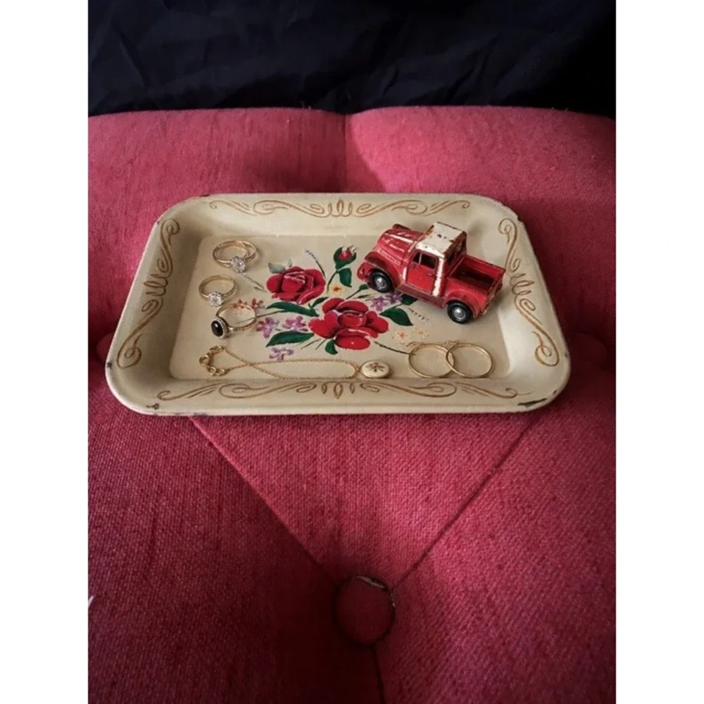 Vintage Metal Trinket Tray Red Rose Floral Hand Painted Jewelry Dish Catchall